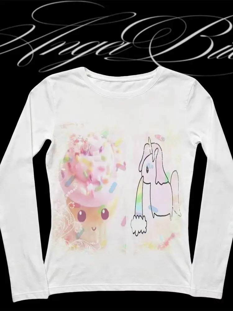 Kawaii Coquette Damen Rundhals-Langarmshirt mit süßem Einhorn-Eiscreme-Print, schmal geschnittenes Y2K Vintage Casual T-Shirt – Detail 7