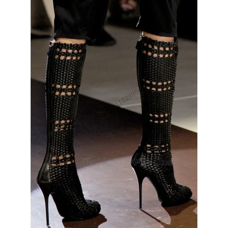 

Black Hollow Knitted Design Peep Toe Boots Back Zipper Women Shoes Thin High Heels Sexy Fashion Runway 2023 Zapatos Para Mujere