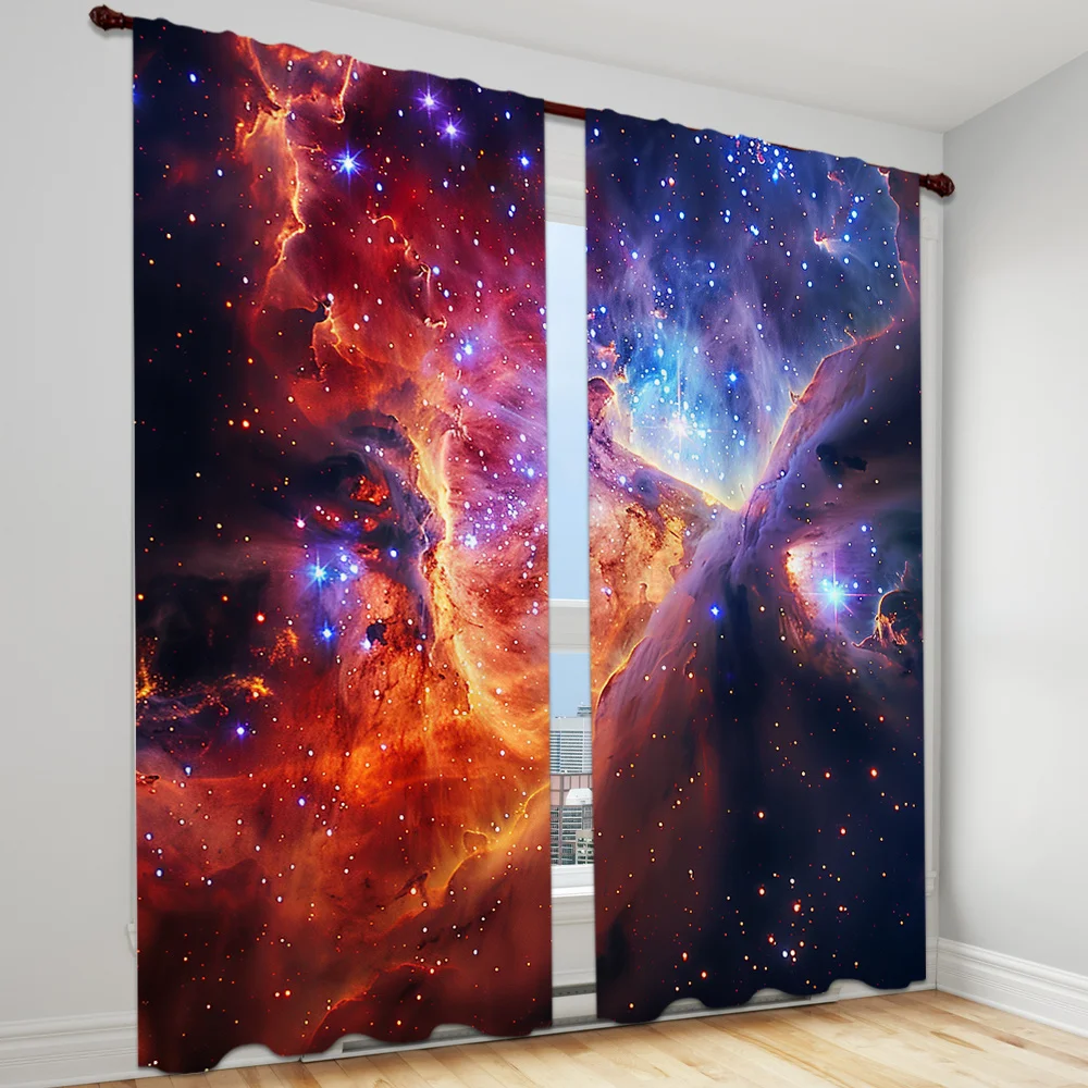 2pcs Modern Living Room Bedroom Decor Curtain Space Starry Planet Pattern Printed Curtain Four Seasons Easy To Hang Room Decor