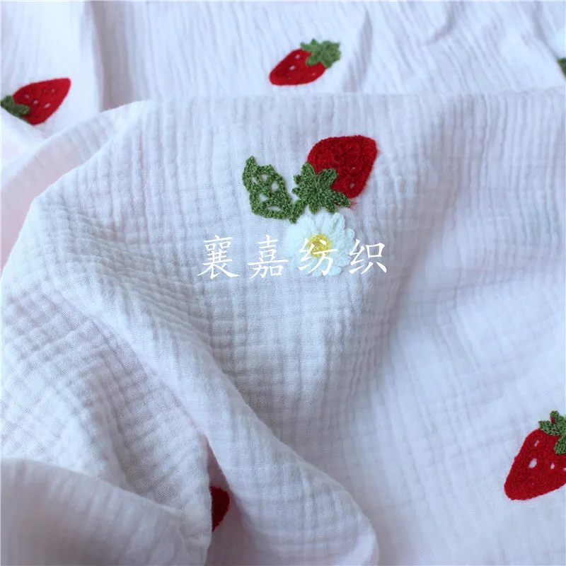 100X135cm Soft Double Crepe Cotton Strawberry Embroidered Gauze Spring Summer Nightdress Home Clothes Baby Quilt Fabric