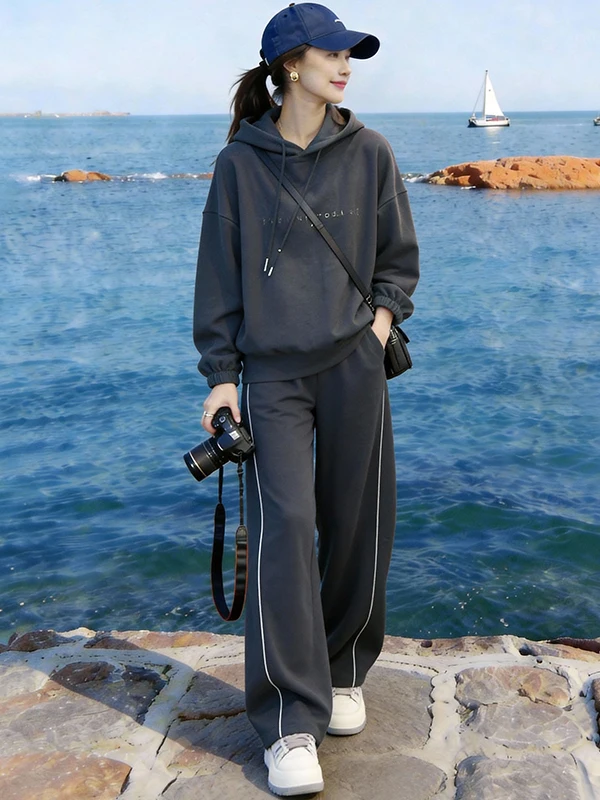 

Spring 2026 Women's Casual Sportswear Set Grey Hoodie Wide Leg Pants Two Piece Suite Comfortable High Waist Long Pants