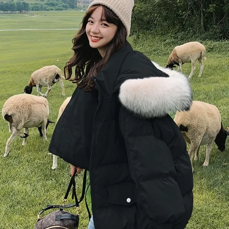 2025 ใหม่ผู้หญิงลงฝ้ายCoatเสื้อแจ็คเก็ตฤดูหนาวหญิงสั้นParkasหลวมหนาOutwear Hooded Fur Collarอเนกประสงค์Overcoat