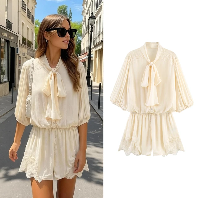 Women's Elegant Bow Lace-Up Jumpsuit Summer Female Chic Trim Romper Lady Casual Lantern Short Sleeve Beach Holiday Bodysuit