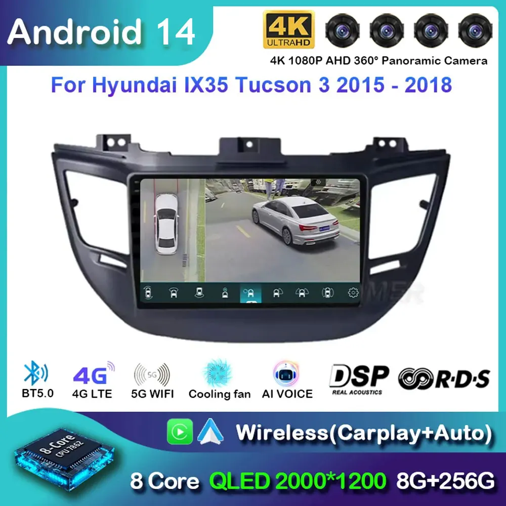 

Автомобильный радиоприемник Carplay на Android 14 для Hyundai Tucson IX35 3 2015 - 2018 с GPS-навигацией, мультимедийным проигрывателем, Wi-Fi + 4G стерео 360 камера BT