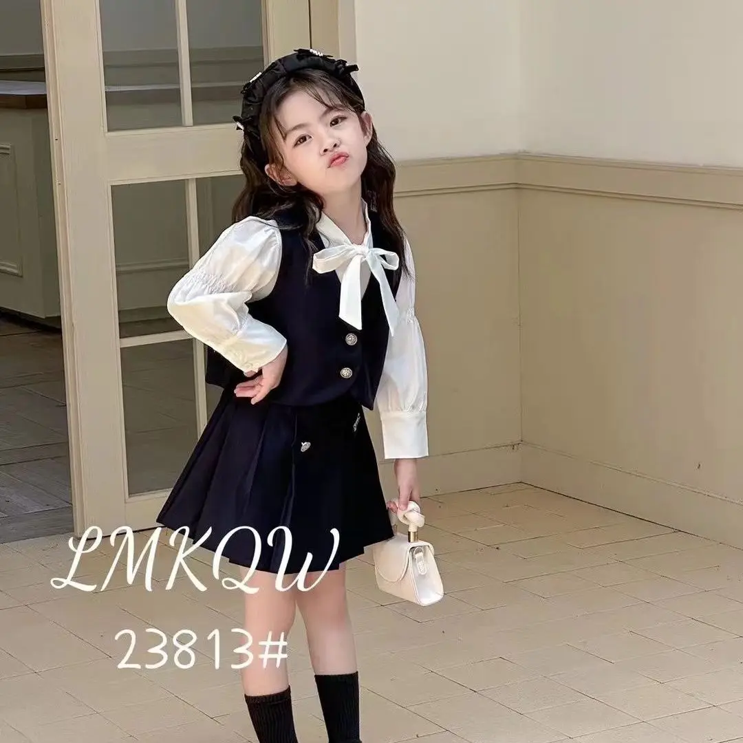 2-11Y Spring Fall Children Girl 3PCS Clothes Set Cotton White Ruched Bow Shirts Black Vest Pleated Skirts JK Suit Girl Outfit