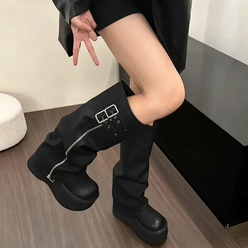 Chunky Women Knight High Boots Fashion Platform Flats Trouser Long Booties Autumn Winter Female Western Cowboy Shoes