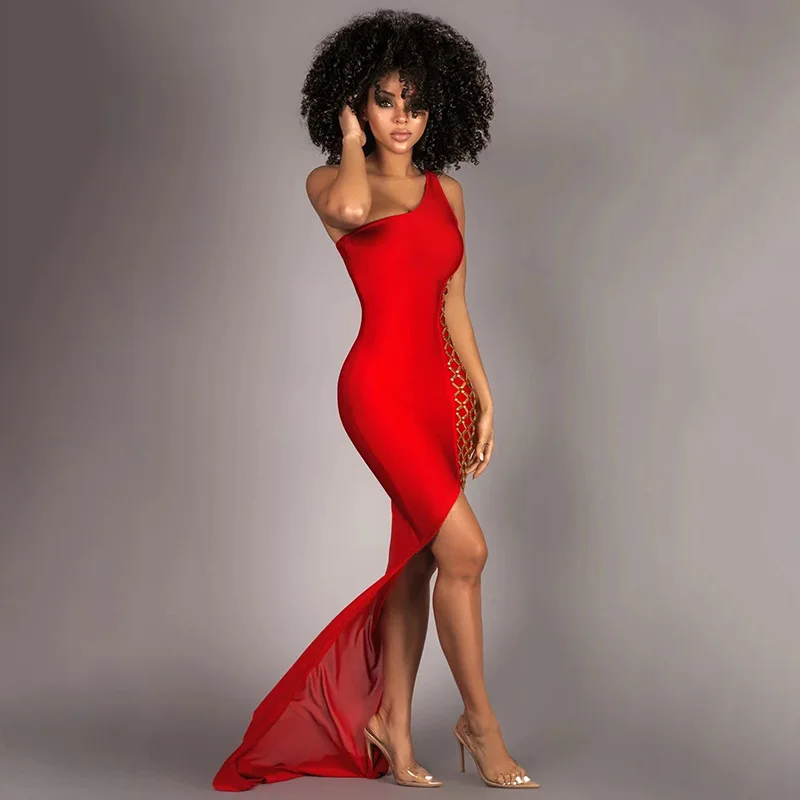 European and American New Bandage Women's Rhinestone Trailing Slim-Fit Elegant Party Banquet Red Dress