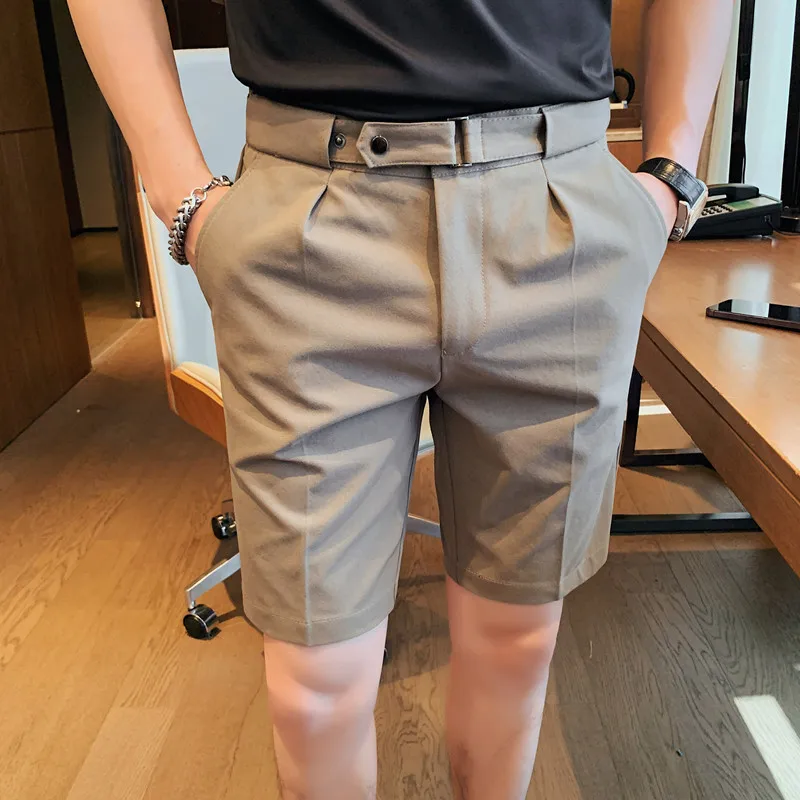 Fashion Summer Knee Length Shorts With Belt Men Clothing Business Formal Wear Slim Fit Casual Solid color Short Homme 4 Colors