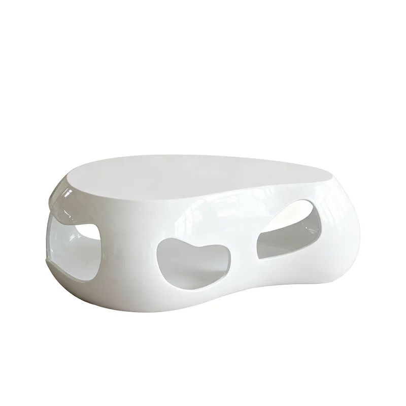 

Modern Artistic Curved Hollow-Out Coffee Table Glossy White Table with Built-in Storage for Living Room Balcony Outdoor Patio