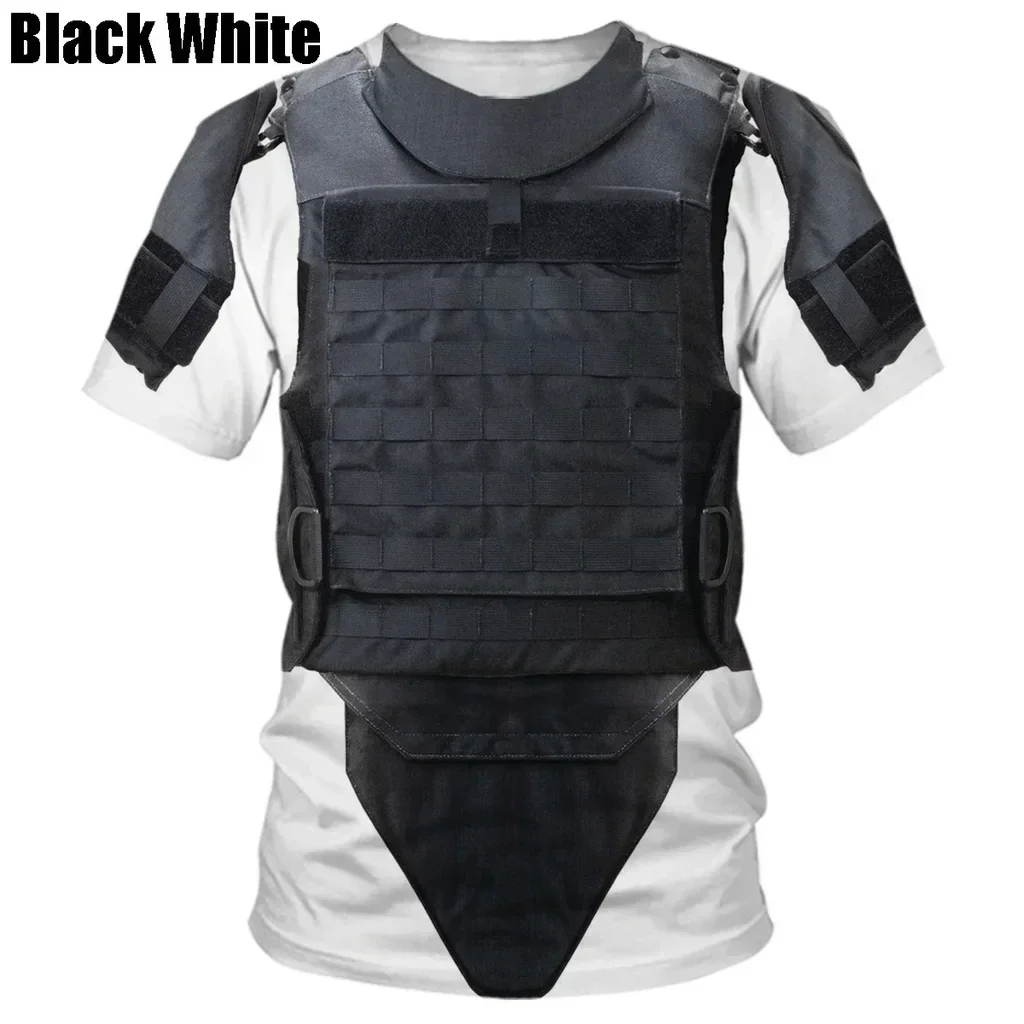 Summer new fashionable and comfortable men's bulletproof vest printed 3D T-shirt casual short sleeved round neck T-shirt