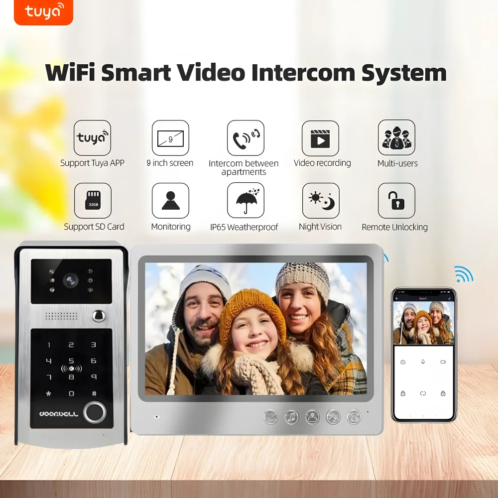 9Inch Tuya Smart Wifi Video Intercom Systerm Wireless Doorbell Camera Fingerprint RFID Unlock Video Doorphone for Home Apartment