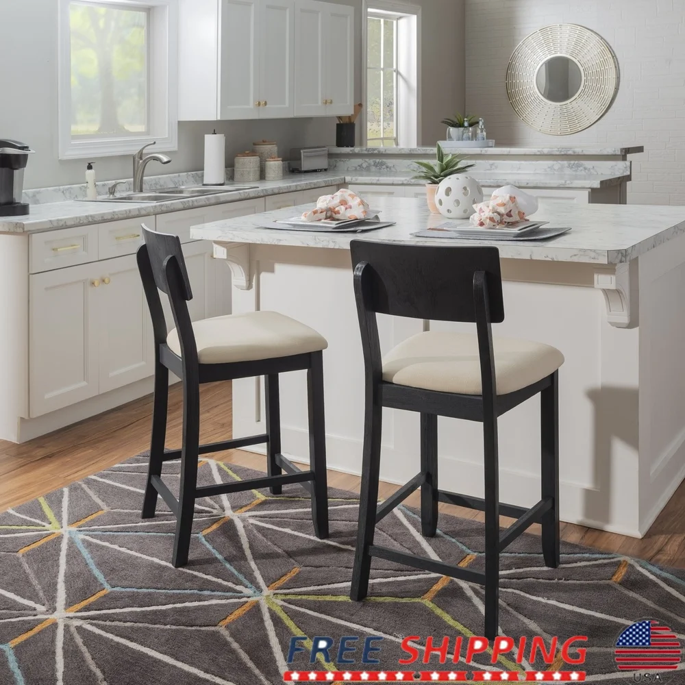 

Padded Seat Wood Counter Stool with Footrest Curved Backrest Indoor Kitchen Bar Seating 25in Height Acacia Durable Charcoal