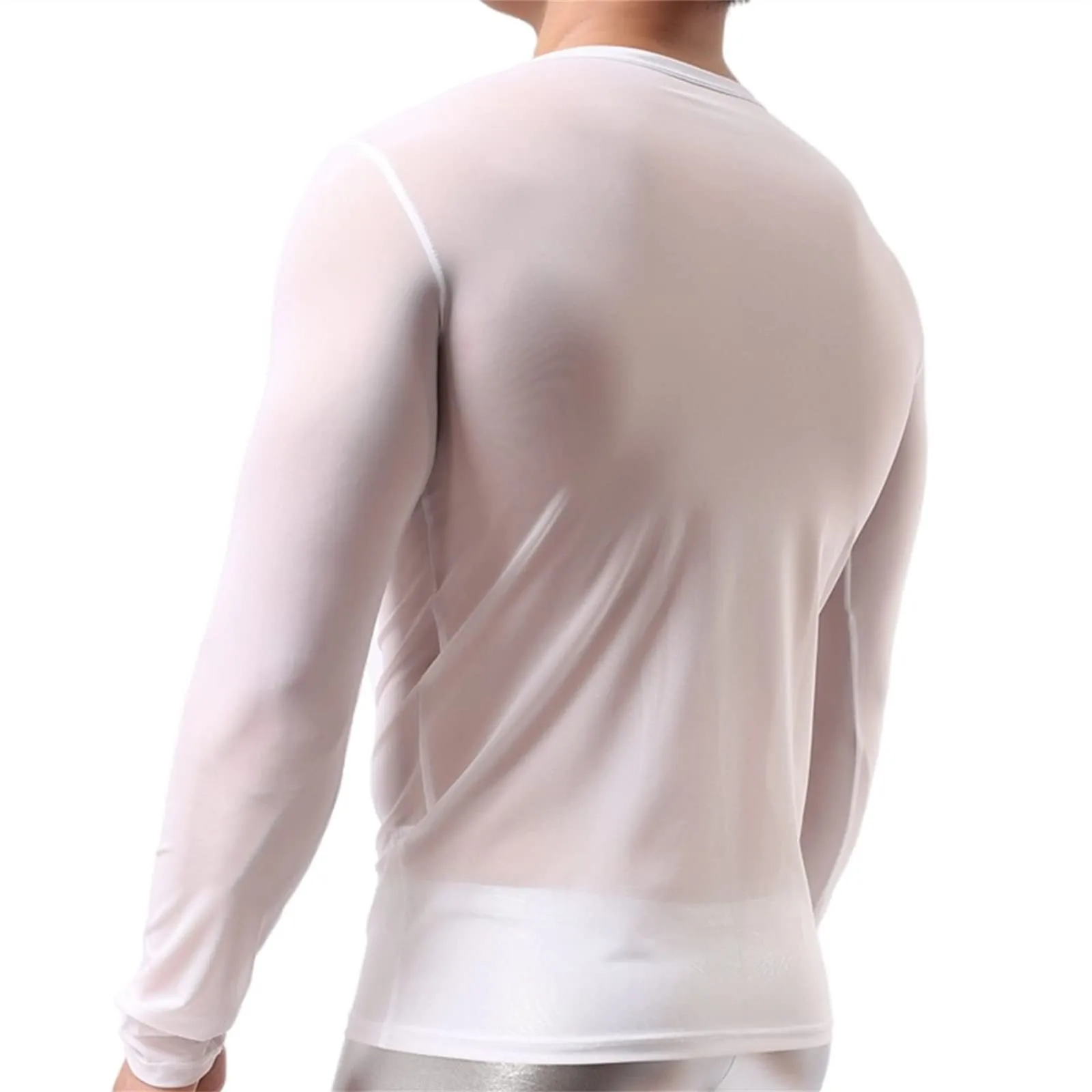 Mens Undershirt Gay Clothing Nylon Mesh Shirt Men See Through Sheer Long Sleeves T Shirts Male Sexy Transparent Shirt Underwear