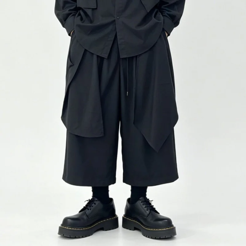 

Men'S Casual Pants, Dark-Toned Irregular Wide-Leg Culottes, Unisex, Loose-Fitting, High-Waisted, Drapey, Cropped Pants B60