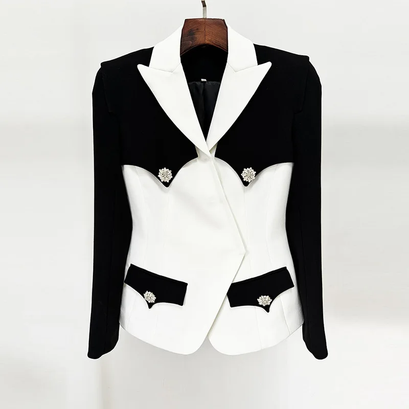 Crystals White Black Women Suits 1 Piece Blazer Female Splicing Colors Office Lady Business Work Wear Wedding Coat Prom Jacket