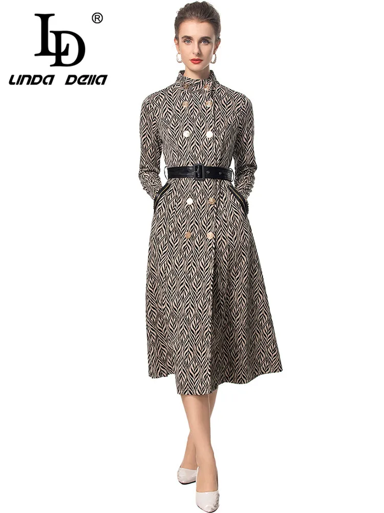 LD LINDA DELLA Autumn and Winter Women's Coat Stand Collar double-Breasted Sashes Slim Fashion Streetwear Overcoat