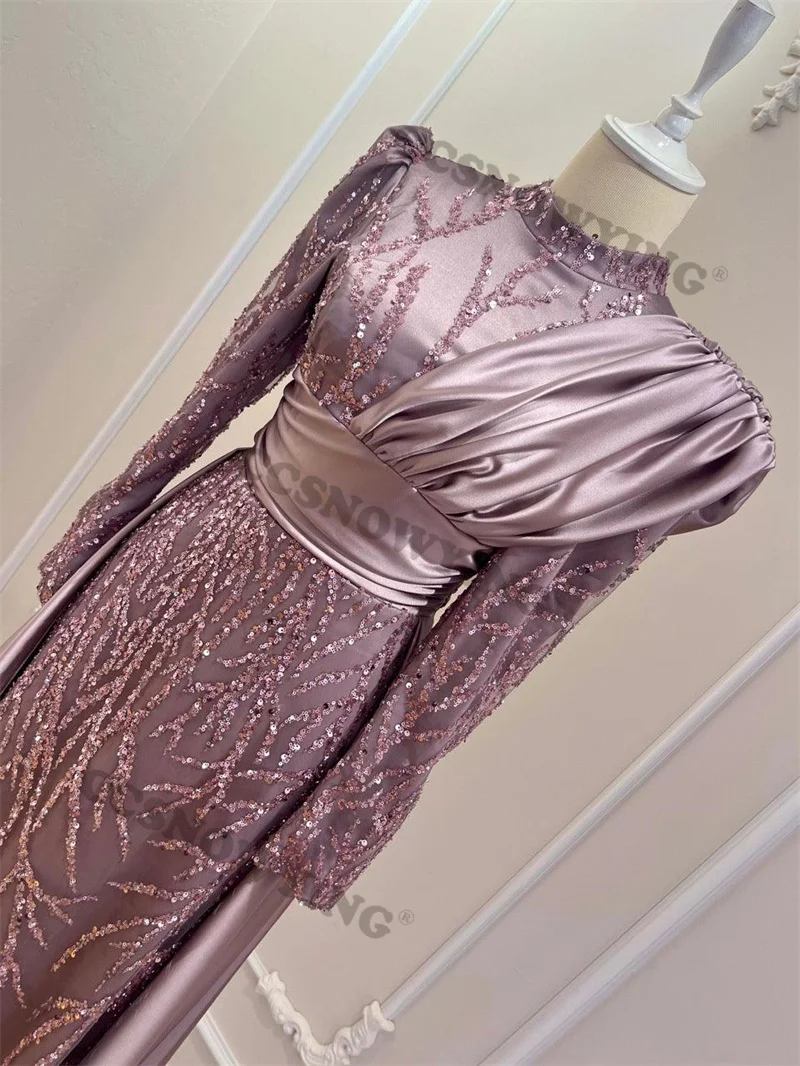 Luxury Satin Appliques Beaded Muslim Evening Dresses Islamic Long Sleeve Hijab Formal Party Gowns Arabic Dubai Robes De Soirée