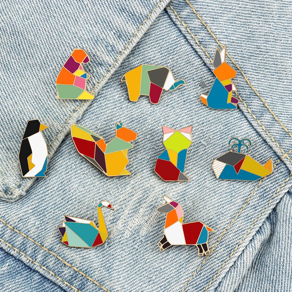 Cute Colorful Origami Animal Enamel Pin Cartoon Cat Rabbit Bunny Bear Penguin Whale Brooches Backpack Lapel Badge Gift Wholesale