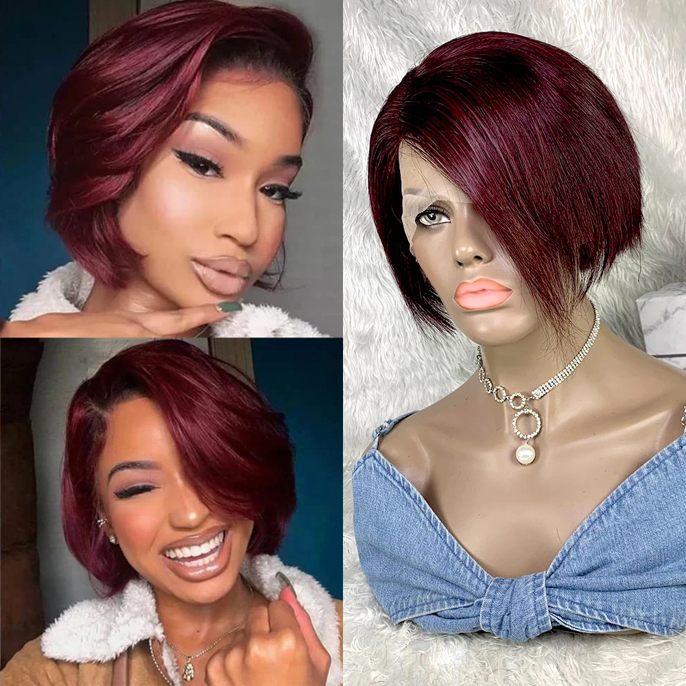 

99J Burgundy Pixie Cut Lace Front Wigs Human Hair 13x1x1 Part Lace Wigs Brazilian Short Straight Human Hair Wigs for Black Women