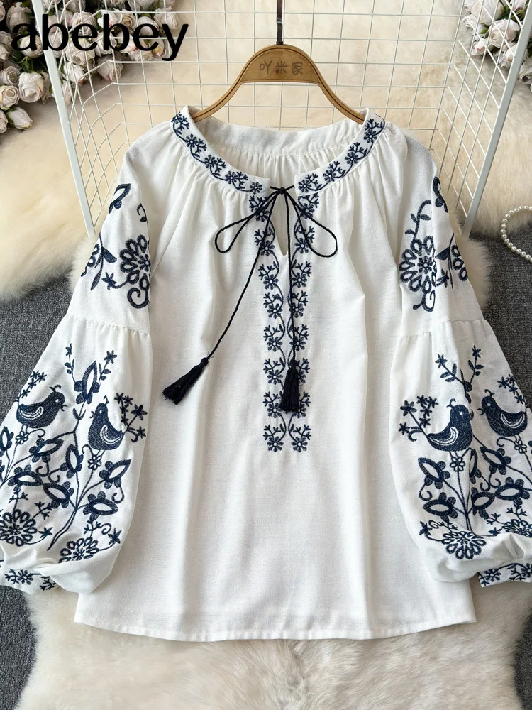 

Новая женская осенняя блузка в винтажном этническом стиле с круглым вырезом, свободная хлопковая пуловер с длинными рукавами и вышивкой, рубашка, повседневный топ