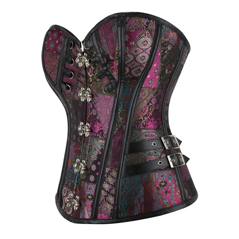 Steampunk Corsets and Bustiers Plus Size Purple Leather Corset Steel Bone Spiral Tops Chain Gothic Vintage Outwear Corselet image 5