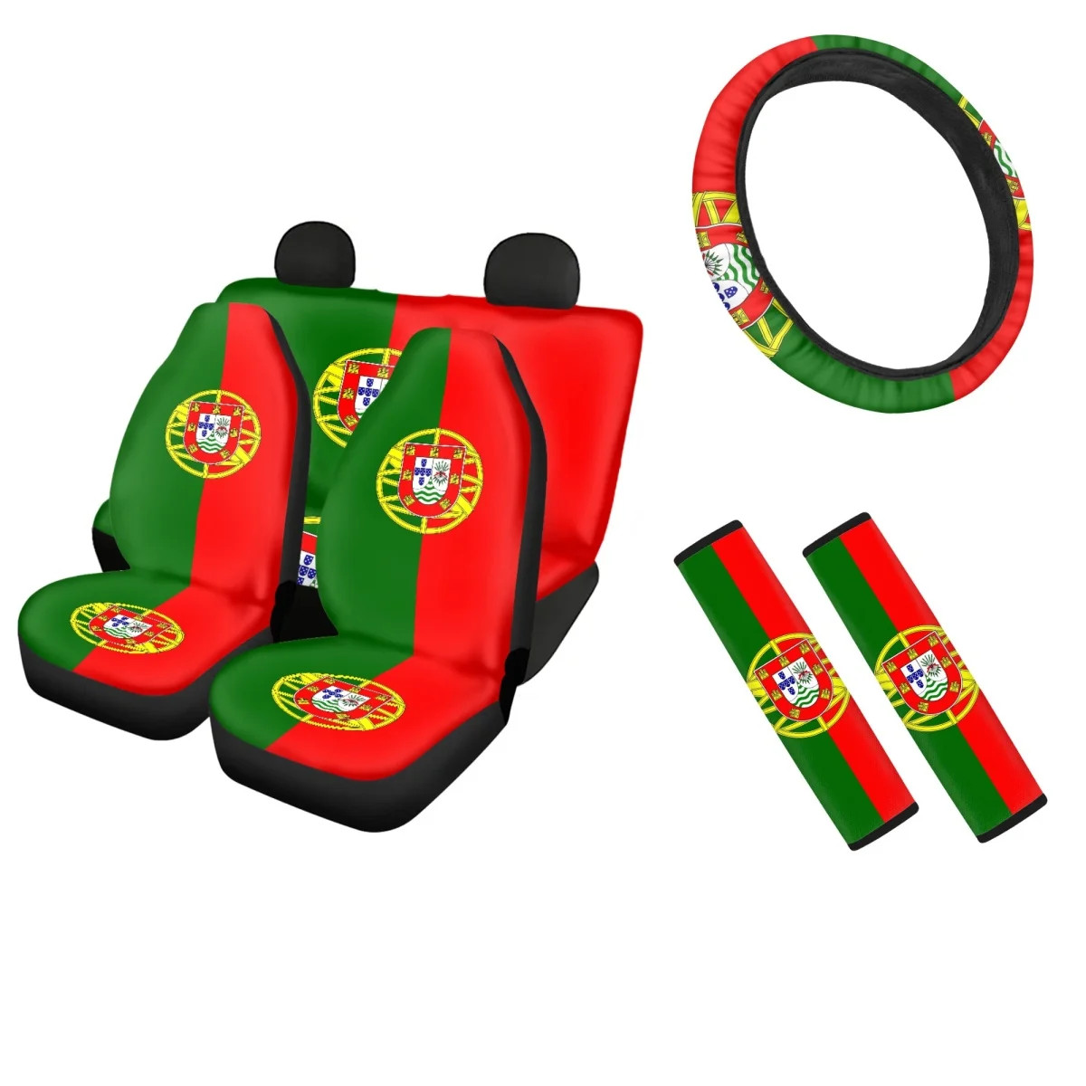 Portugal Emblem Design Comfortable Front and Back Car Seat Covers Universal Steering Wheel Cover 6pcs Set Soft Seatbelt Covers