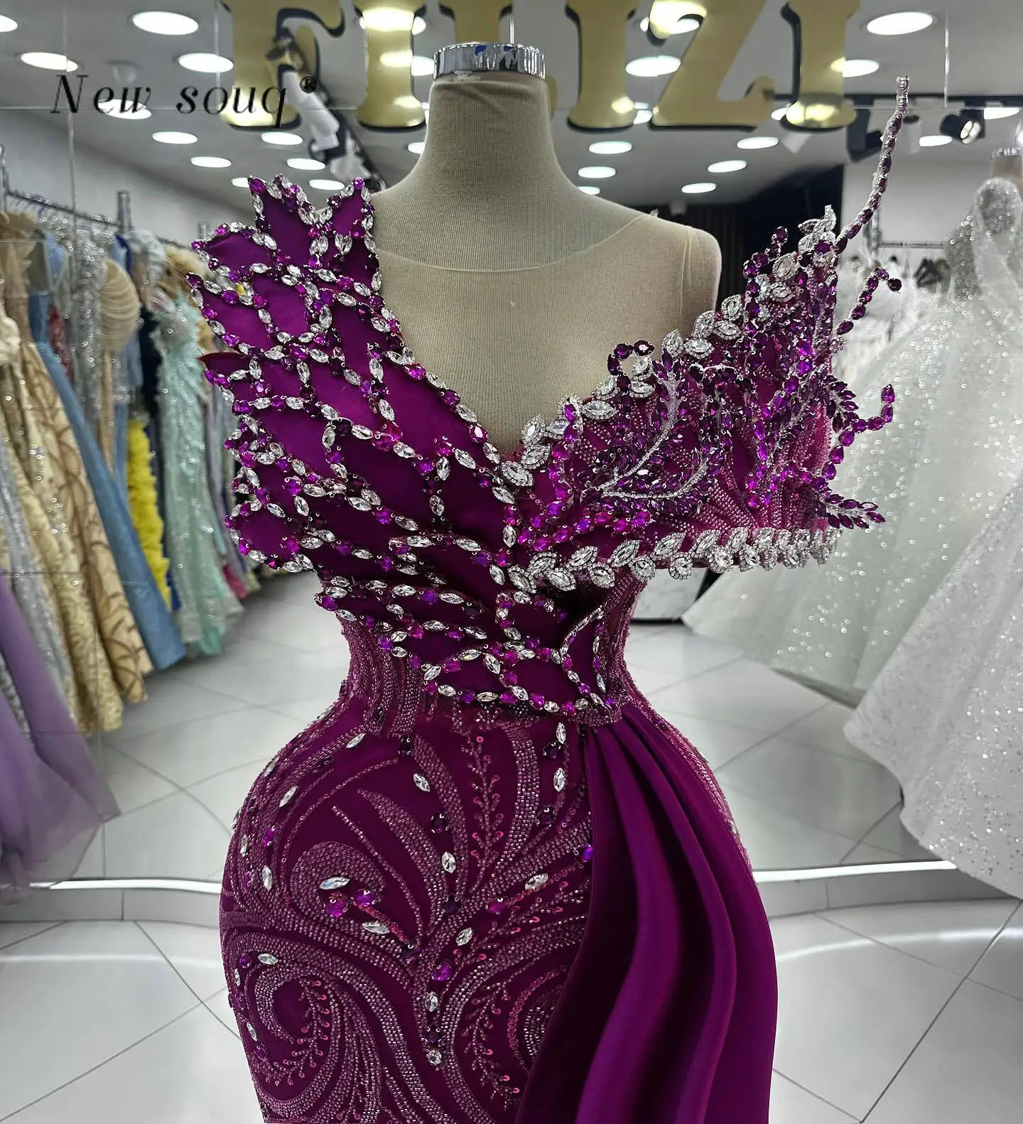 Purple Long Mermaid Evening Dresses with Side Train Customized Arabic Formal Prom Gowns 3D Leaf Wedding After Party Robes