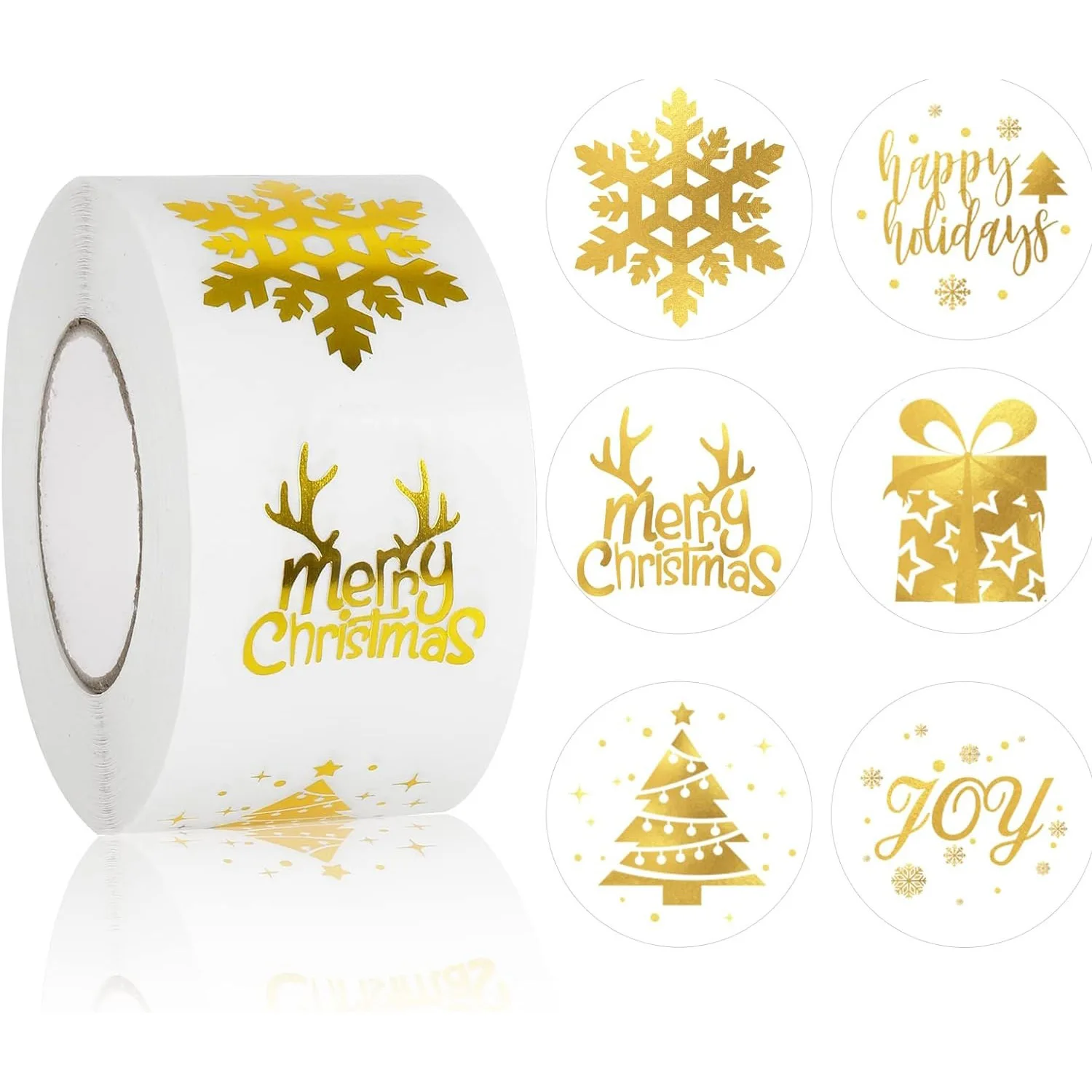 1 Inches/500 Christmas Stickers, 6 Clear Gold Foil Designs Merry Christmas Stickers Snowflake Stickers for Christmas Decorations