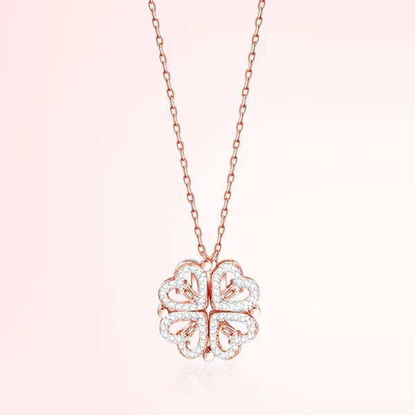 1pc Heart Shaped Four Leaf Clover Pendant Necklace Jewelry Zircon Women Love Clavicle Chain Gifts Openable ChokerJewelry_maomaolike.com