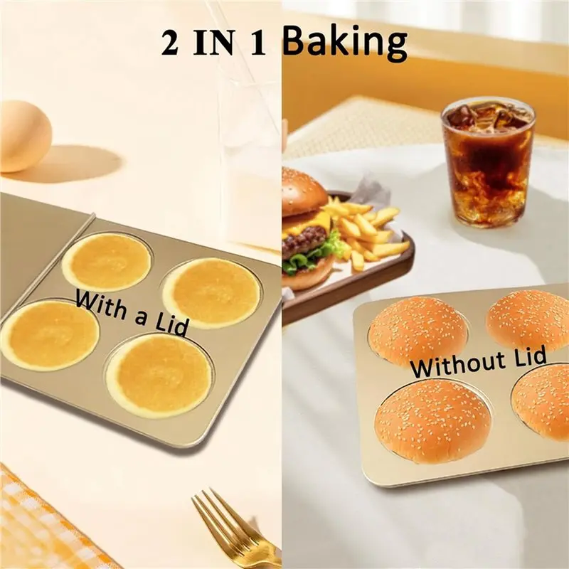 ABUH-2X 6 Cup Muffin Top Pan For Baking, Nonstick Hamburger Bun Pan, Straight Side English Muffin Cupcake Pans With Lid