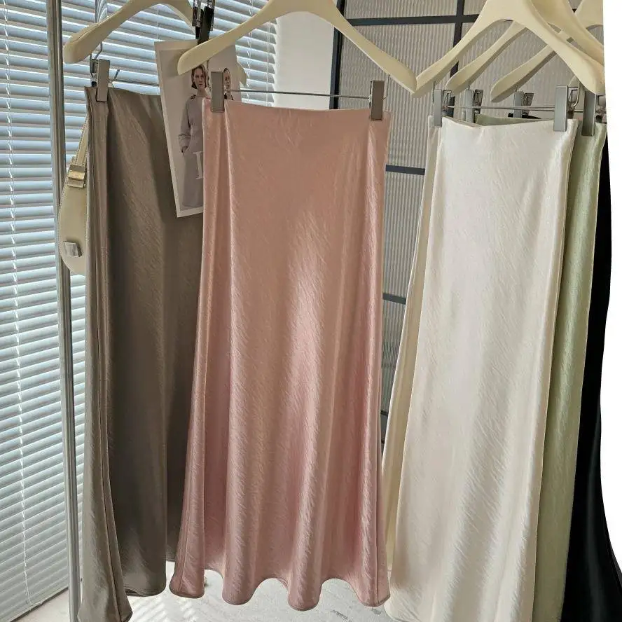 

Retro Acetate Satin Fi Tail f Skirt Women's Spring Summer High Hanging Sense Ele Long A-Line Skirt Body Contour