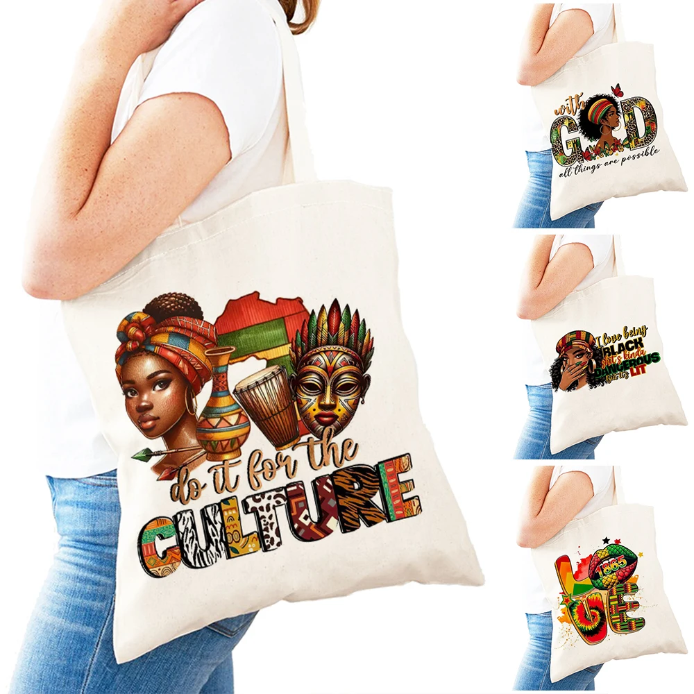 Vintage Black Pride Lady Shopping Tote Bag Afrocentric Culture Women Satchel Double Print Black Queen Girl Shopper Bags 31x36 cm