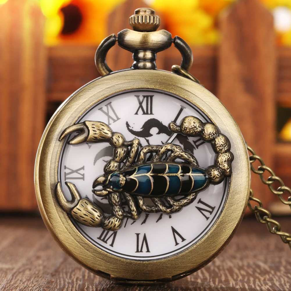 Steampunk Bronze Scorpion Pattern Fob Chain Jewelry Quartz Pocket Watch Men Roman Numbrals Hollow Case Pendant Necklace Clocks