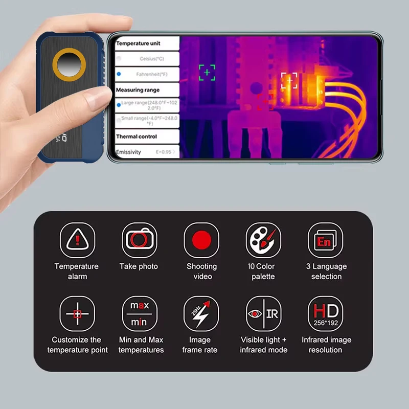 Thermische camera 256 * 192 pixels Android Type C mobiele telefoon -20 ° C~550 ° C Infrarood warmtebeeldcamera voor elektrische reparatie GW256A