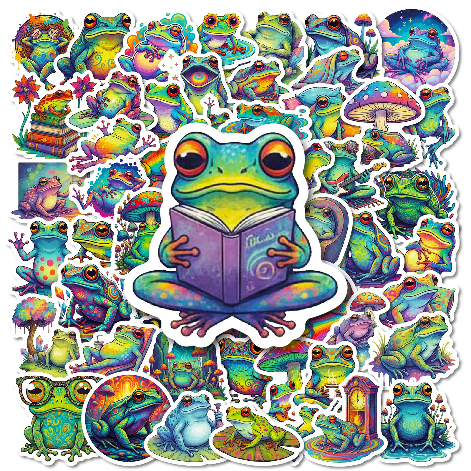 56 Stück Bunte Psychedelische Frosch-Graffiti-Aufkleber Niedliche Frosch-Cartoon-Sticker DIY Gepäck Handy Gitarre Scrapbook Klassisches Kinderspielzeug
