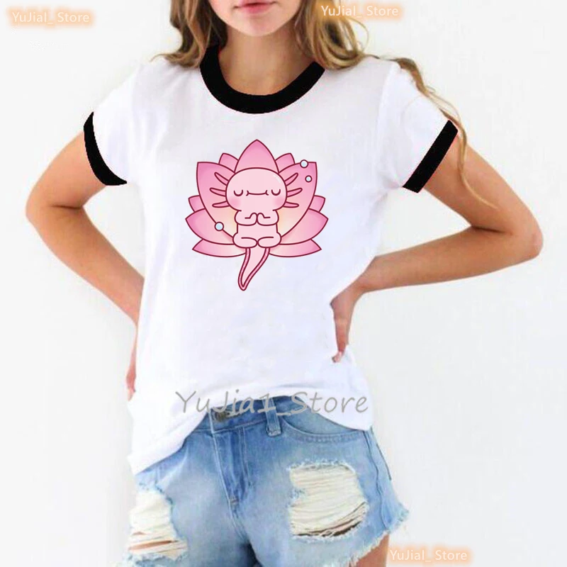 Cute Axolotl Relax Yoga Pose Lotus Flower Print T Shirt Women'S Clothing Funny White Tshirt Femme Harajuku Shirt Summer Tops