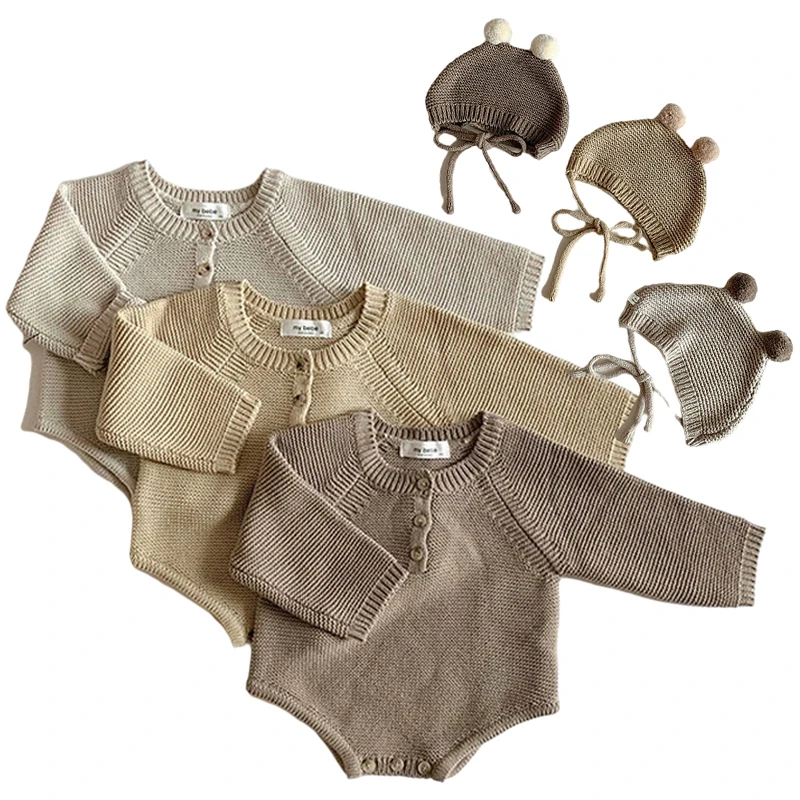 2023 New Toddler Baby Boys Girls Knitted Bodysuit Autumn Infant Jumpsuit Knitwear Outfits Newborn Baby Sweater And Baby Knit Hat