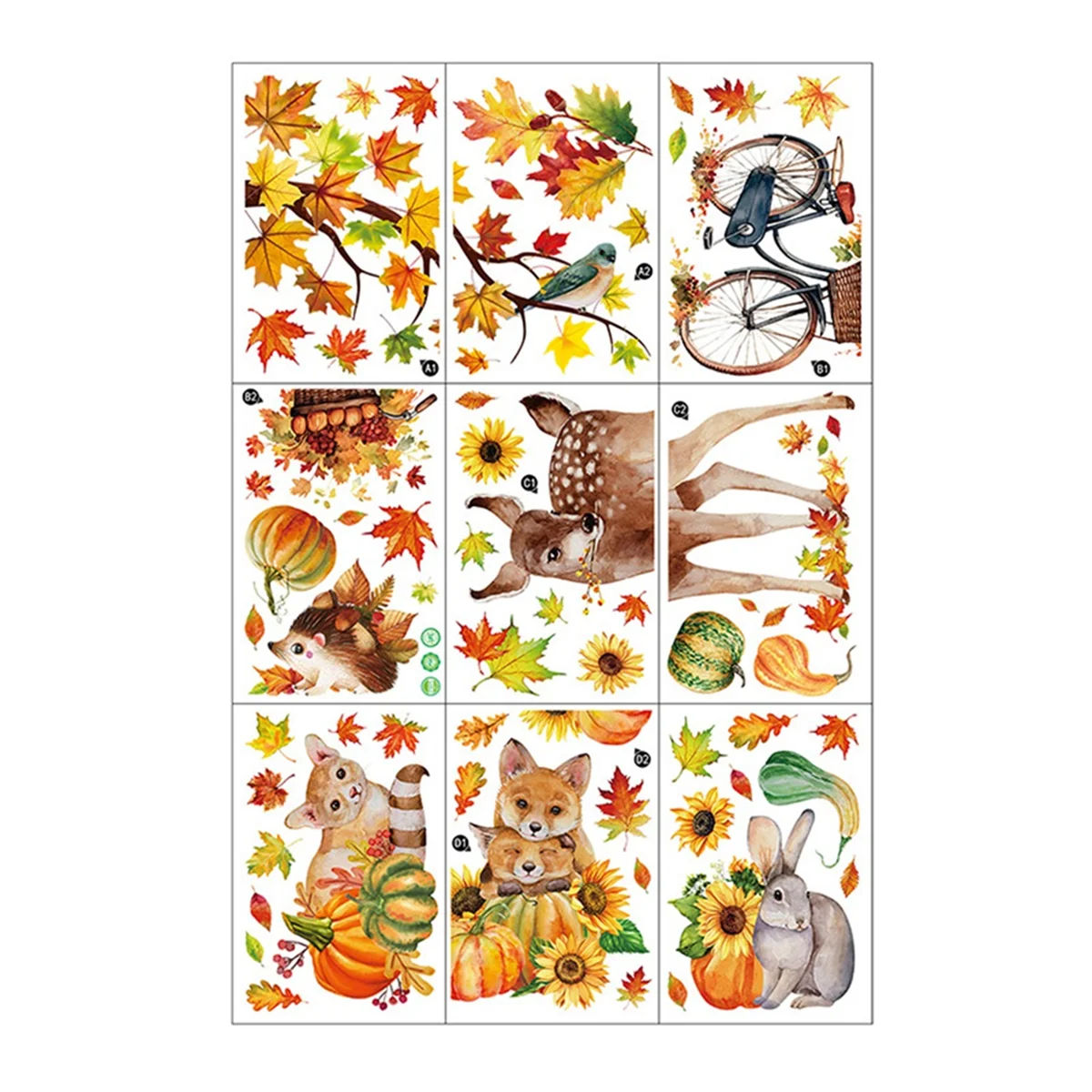 Fall Window Cling Sticker, Thanksgiving Autumn Harvest Animal Pumpkin Leaves for Party Supplies Window Glass Decoration