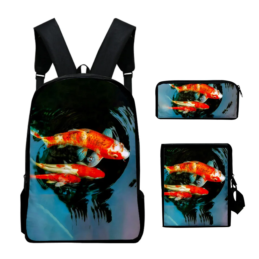 Trendy Youthful goldfish Koi carp 3D Print 3pcs/Set Student Travel bags Laptop Daypack Backpack Shoulder Bag Pencil Case