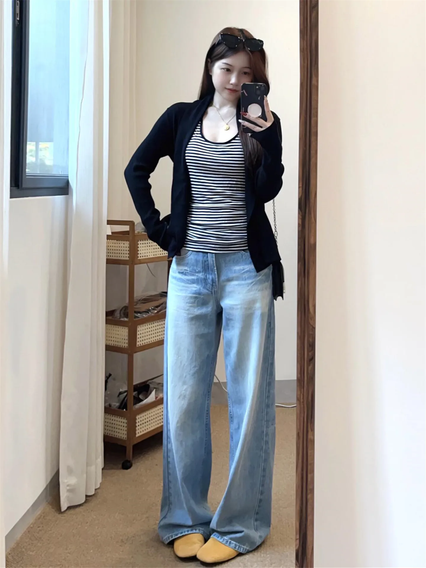 

Light Blue Wide Leg Jeans Women's Loose Straight Floor-Length Jeans Spring Season Casual Cotton Natural Waist