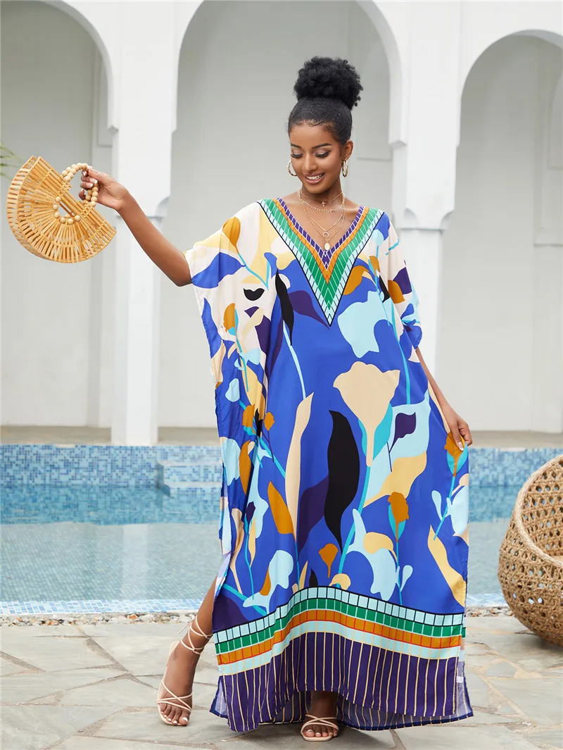 잉크 프린트 롱 비치 커버 업 카프탄 V넥 맥시 드레스, 오버사이즈 비키니 커버 업 로브, 플라지 사롱 비치 튜닉, 신제품
