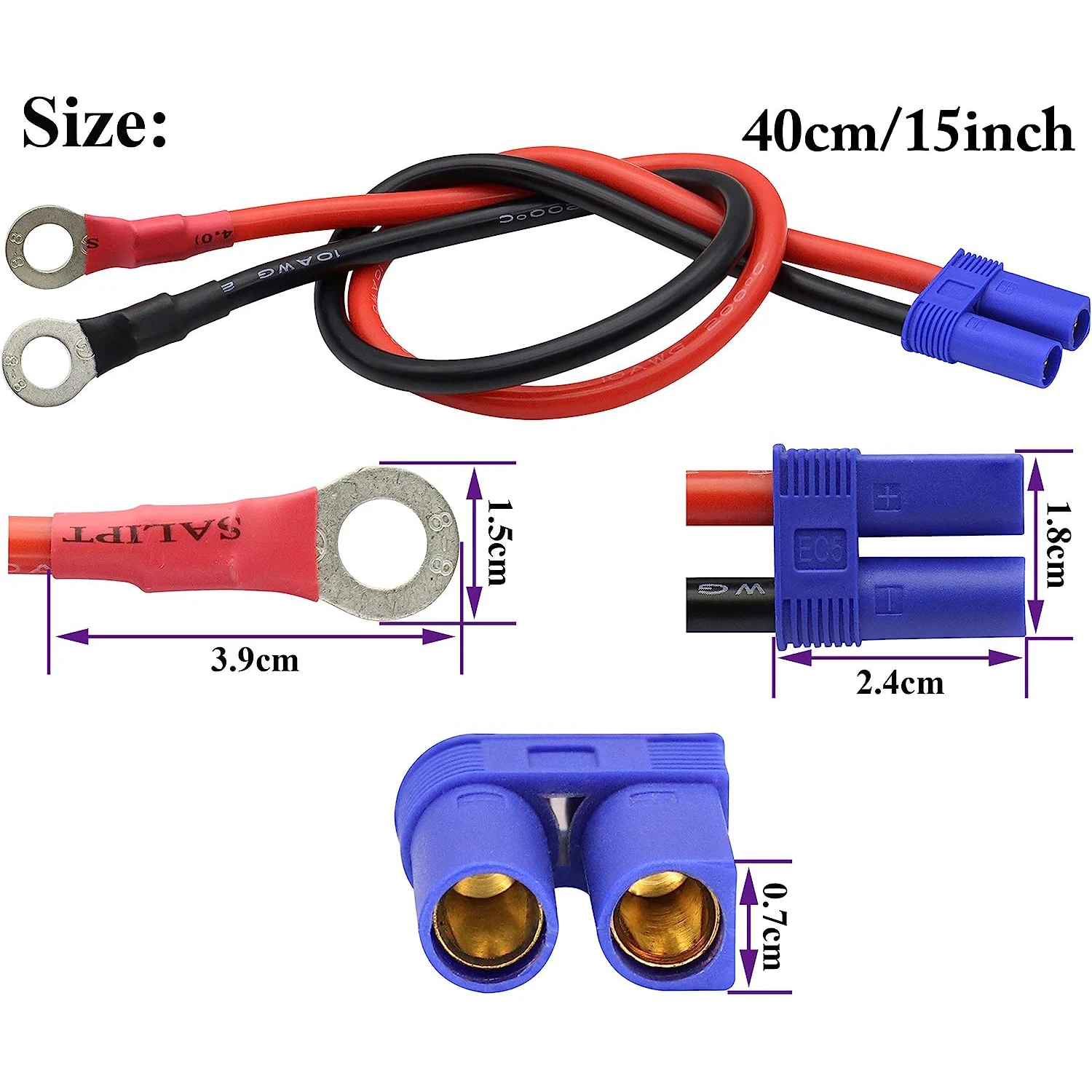 EC5 to O Ring Terminal Cable,EC5 Female to O Ring Eyelet Terminal Plug Connector Cable 10AWG RC ESC Charger Side Power(40cm/15in