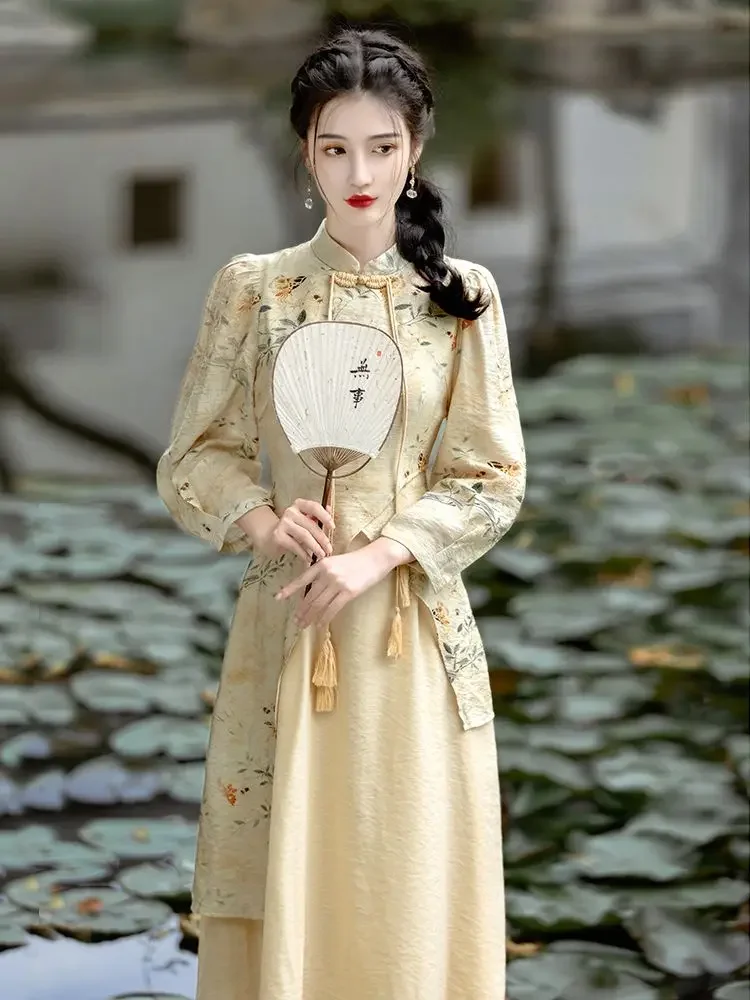 New Spring Long Sleeved New Chinese Style Dress Women\'s Button Young Qipao Dress Chinese Style Long Sleeved Elegant Dress
