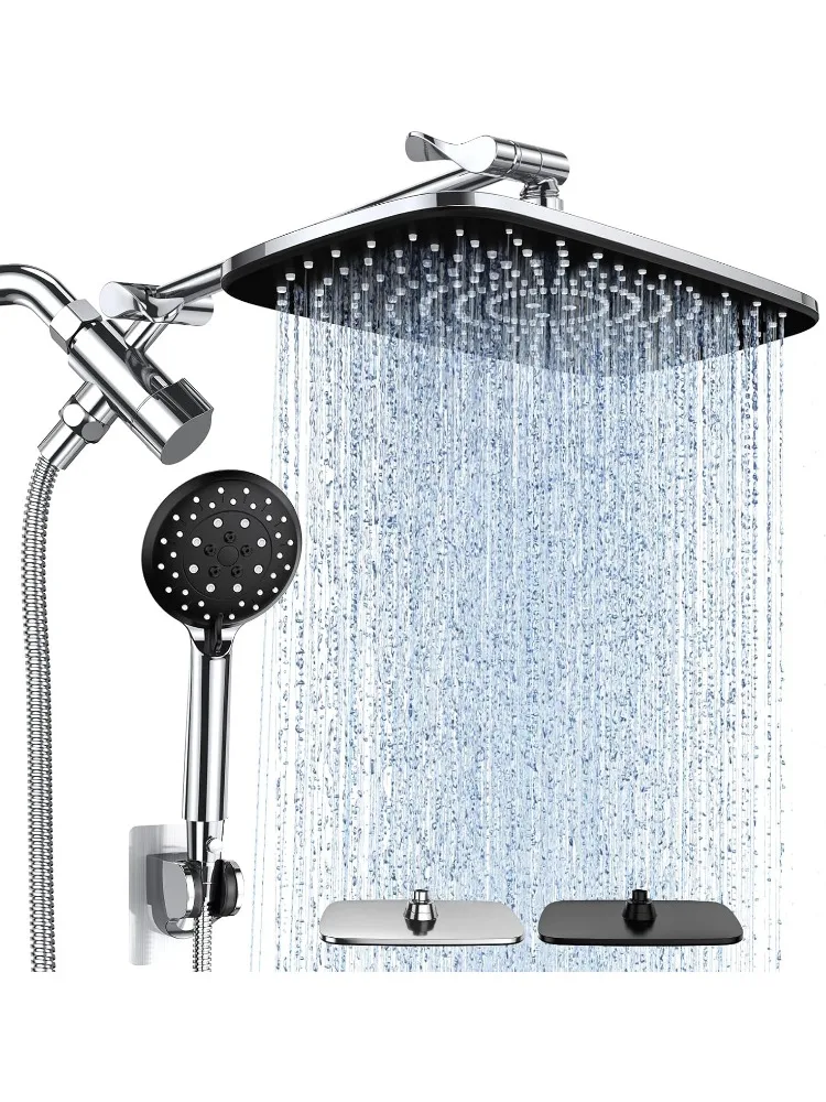 High Pressure Rain Shower Head Combo with Extension Arm- Wide Showerhead with 6 Handheld Water Spray - Adjustable Dual