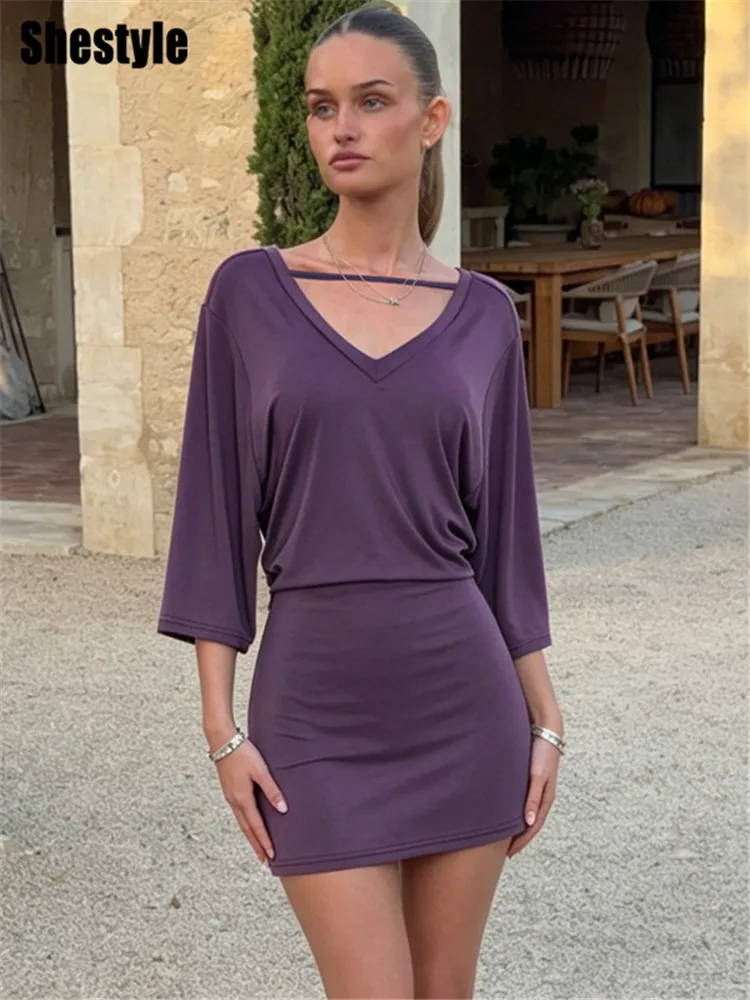 

Shestyle Purple Sexy Elegant Sheath Dress Women Casual Solid Half Sleeve Waist-Cinching Slim V-Neck Clubwear Autumn New 2026