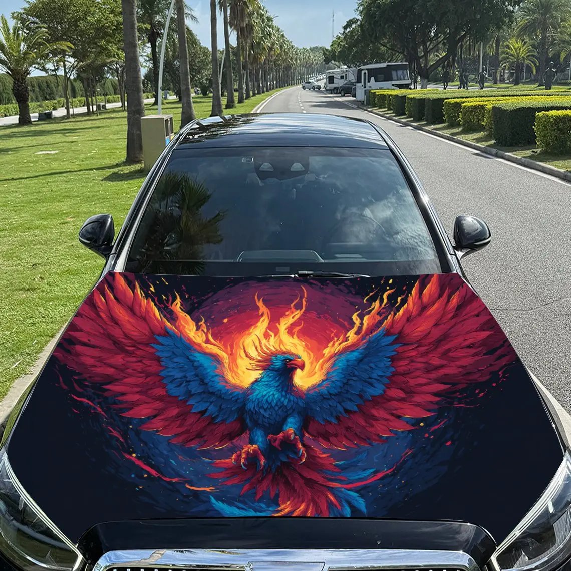 Colorful - Flaming Phoenix Spreading Wings Car Vinyl Wrap, PVC Material Waterproof Car Hood Sticker, Self-Adhesive Scratch-Resis
