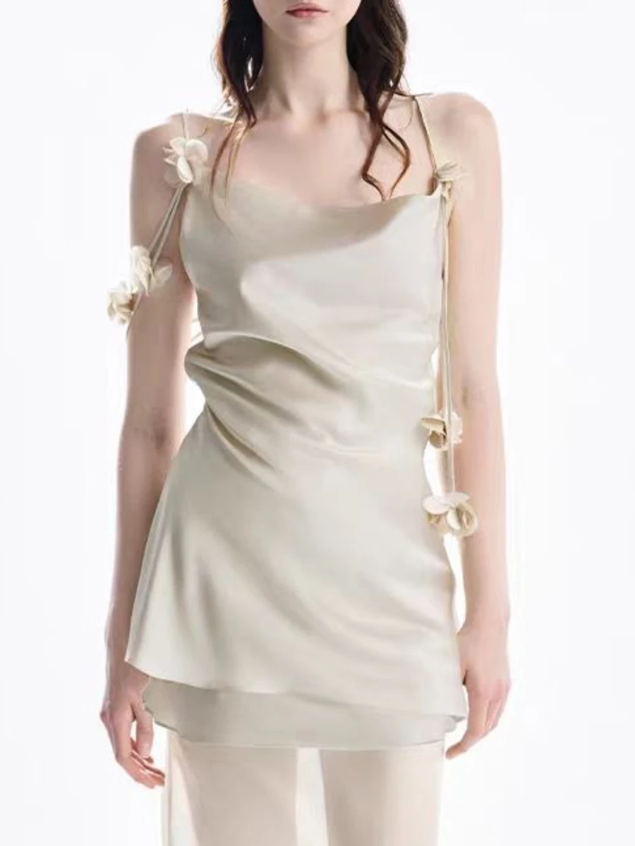 TWOTWINSTYLE Slimming Sheer Spliced 3D Flower Sexy Dresses for Women Square Neck Sleeveless Backless Vintage Dress Female New