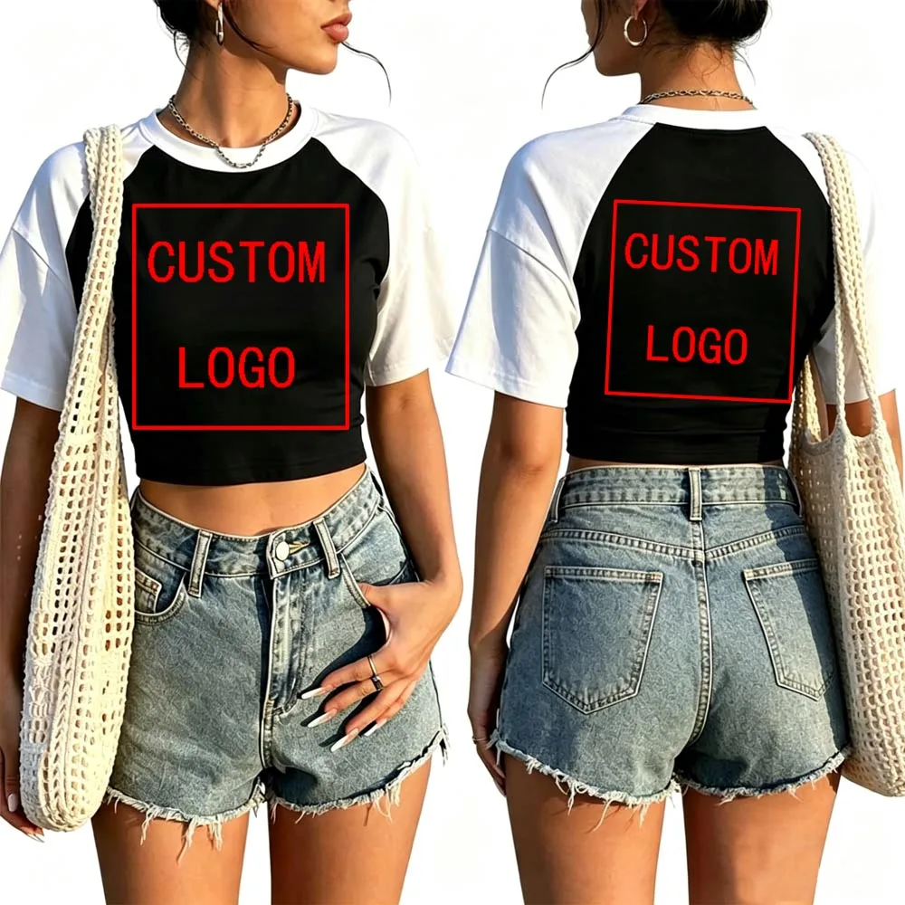 DIY Custom Your Brand LOGO Crop Tops T-Shirt Girls Fashion Women O-Neck Short Sleeve Custom Gifts
