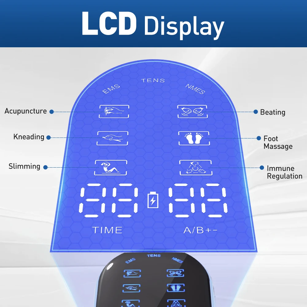 18 وضعًا و8 وسادات مدلك صغير لكامل الجسم وحدة عشرات ثنائية القناة EMS NMES محفز العضلات الإلكترونية نبض دفعة العضلات الاسترخاء