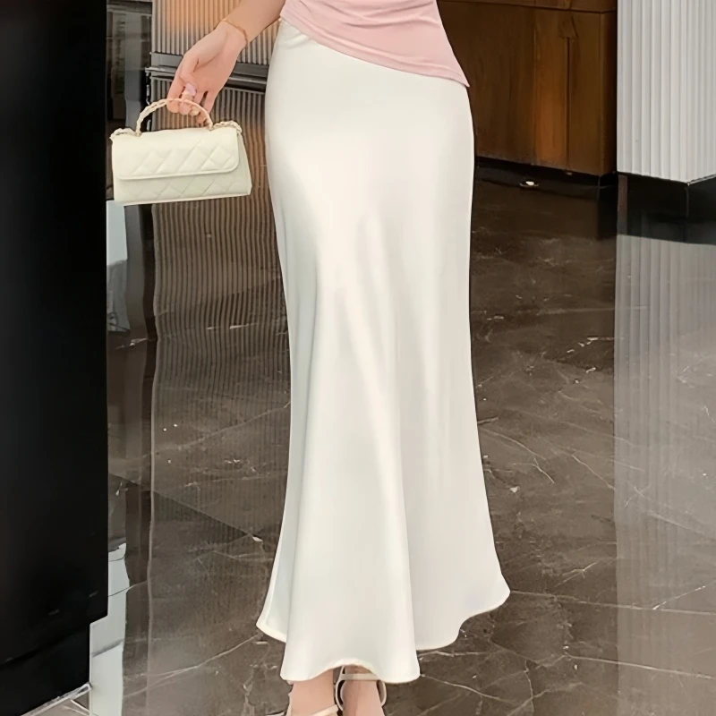 

REALEFT Summer Elegant High Waist Satin Women's Long A-line Skirts 2025 New Solid Office Wrap Sheath Straight Skirts Female